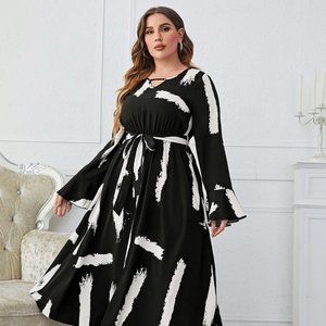 Melo Apparel Plus Size Printed Tie Belt Flare Sleeve Round Neck Midi Dress
